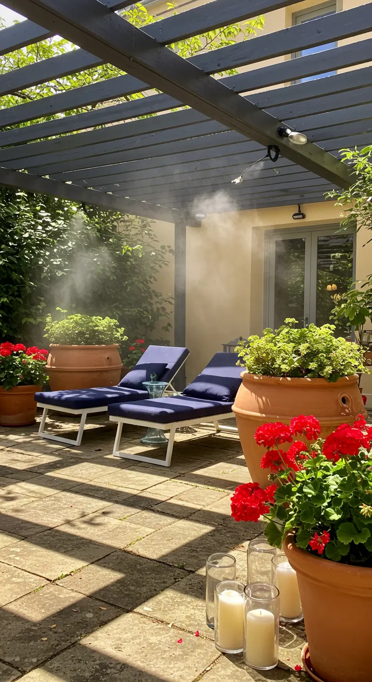 Patio ombragé avec brumisateurs, deux chaises longues bleues et des géraniums rouges en pots en terre cuite.