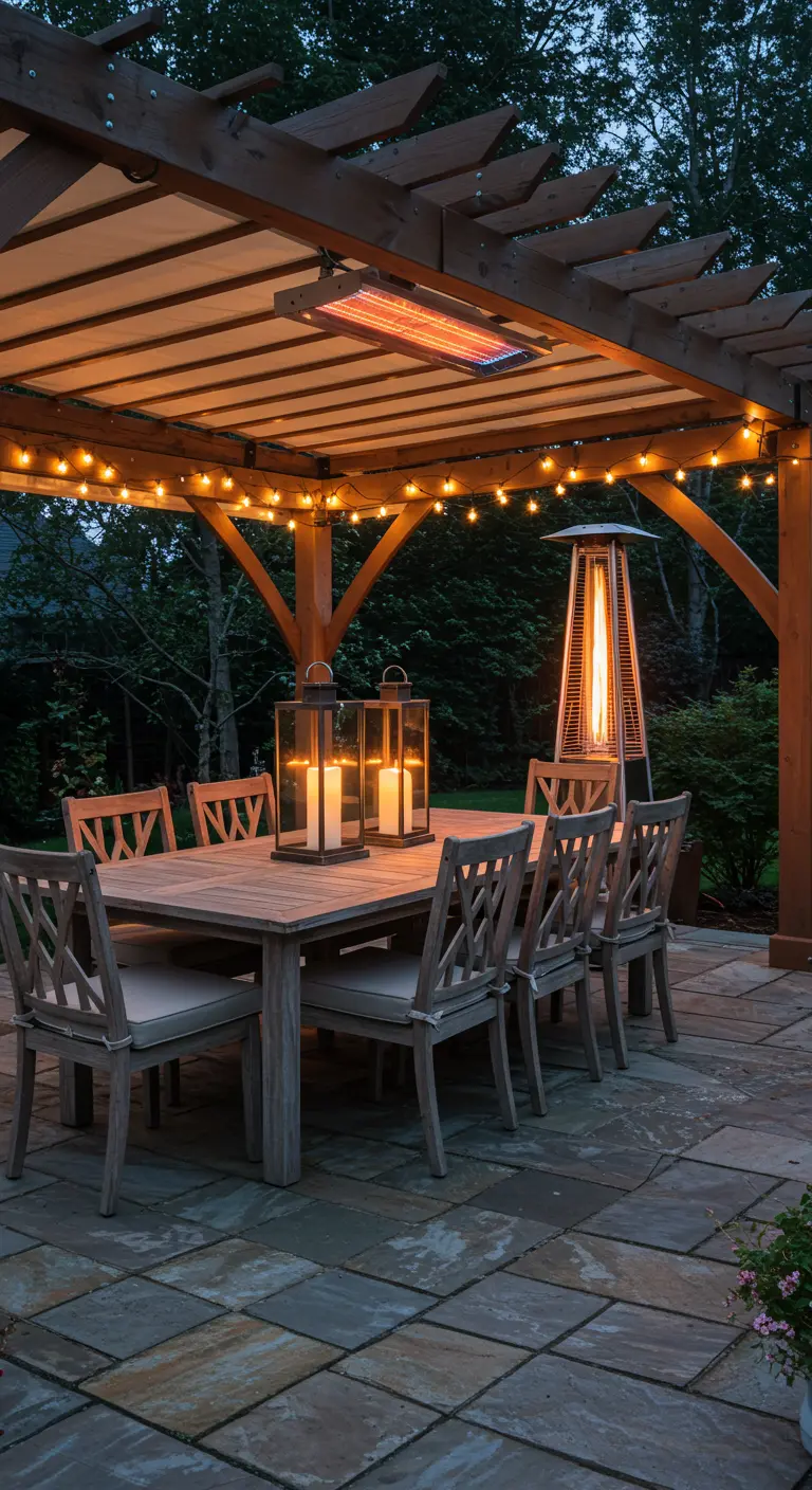 Pergola avec chauffage de terrasse, guirlandes lumineuses et grande table à manger en bois.