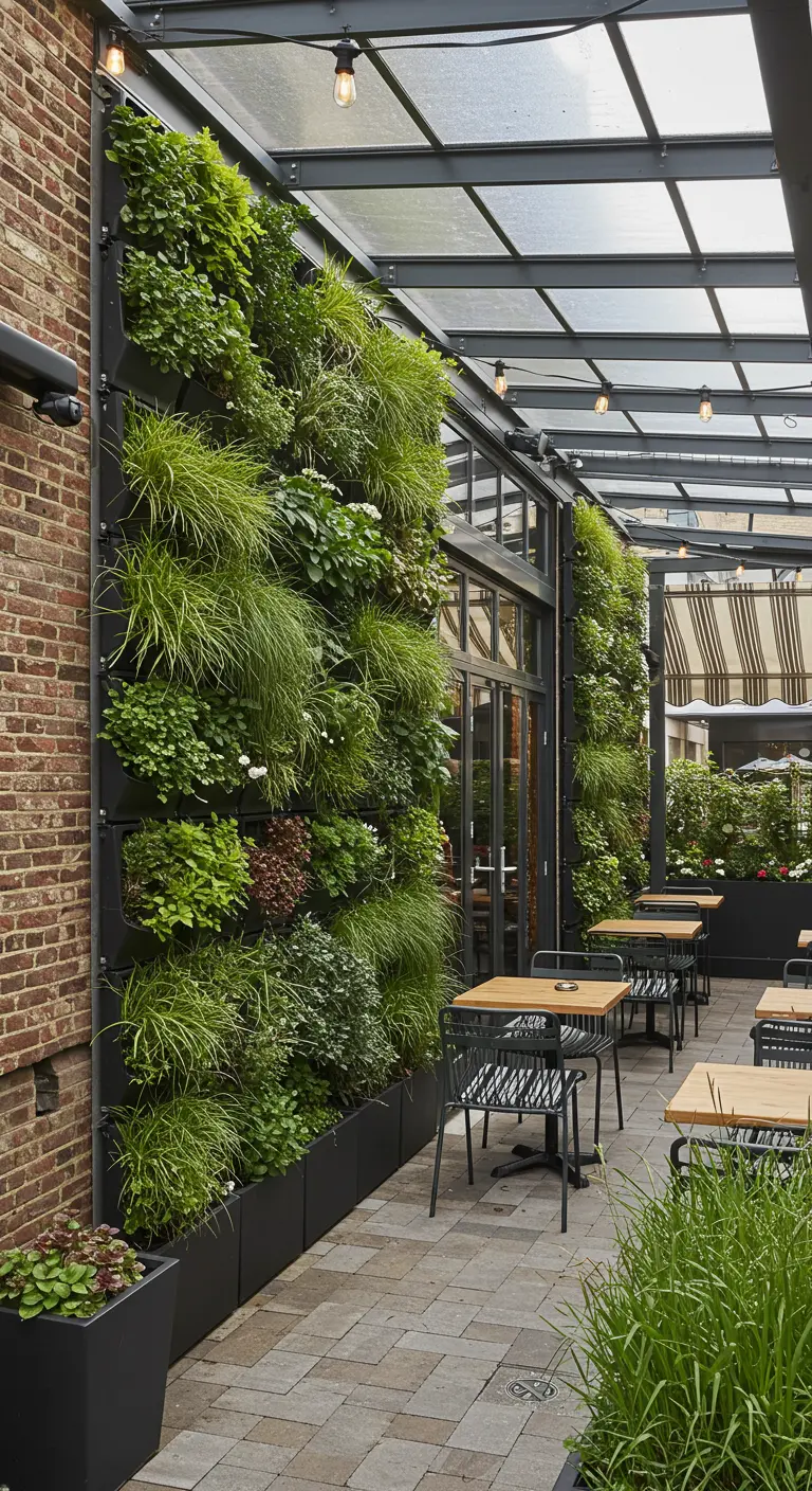 Panneaux végétaux verticaux sur les piliers d'une pergola extérieure sur une terrasse de café.