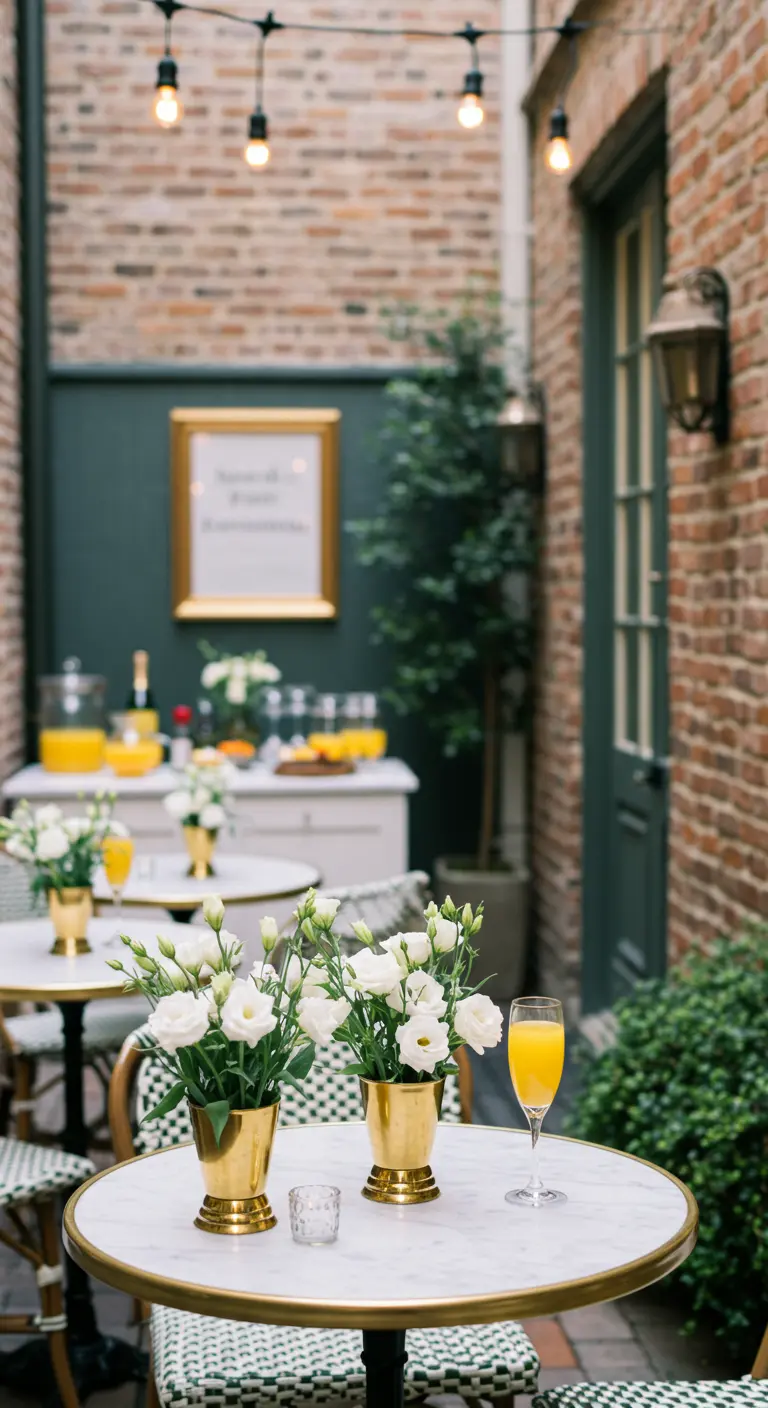 Petites tables de bistrot dans une cour, avec des bouquets de fleurs blanches dans des pots dorés.
