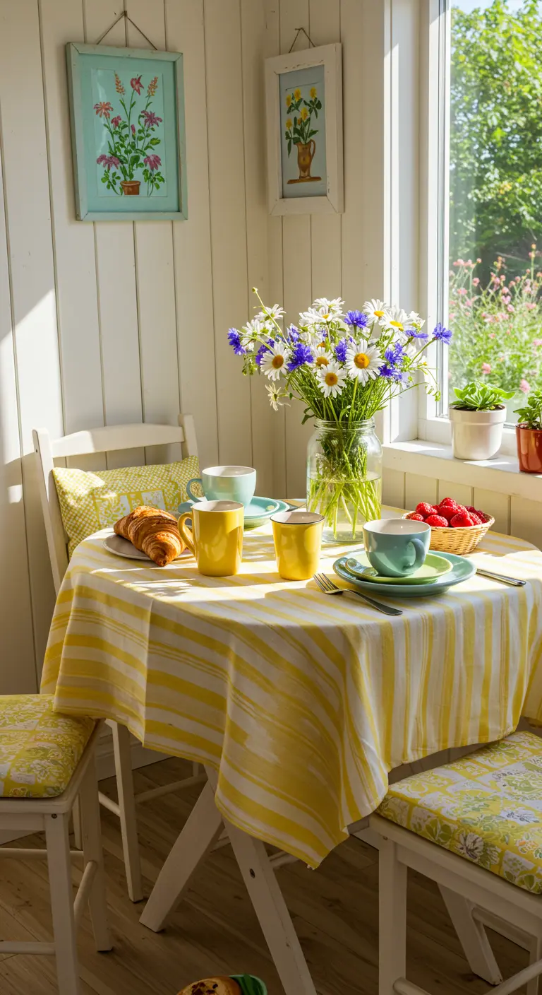 Petite table avec nappe rayée jaune, bouquet de marguerites et vaisselle colorée.