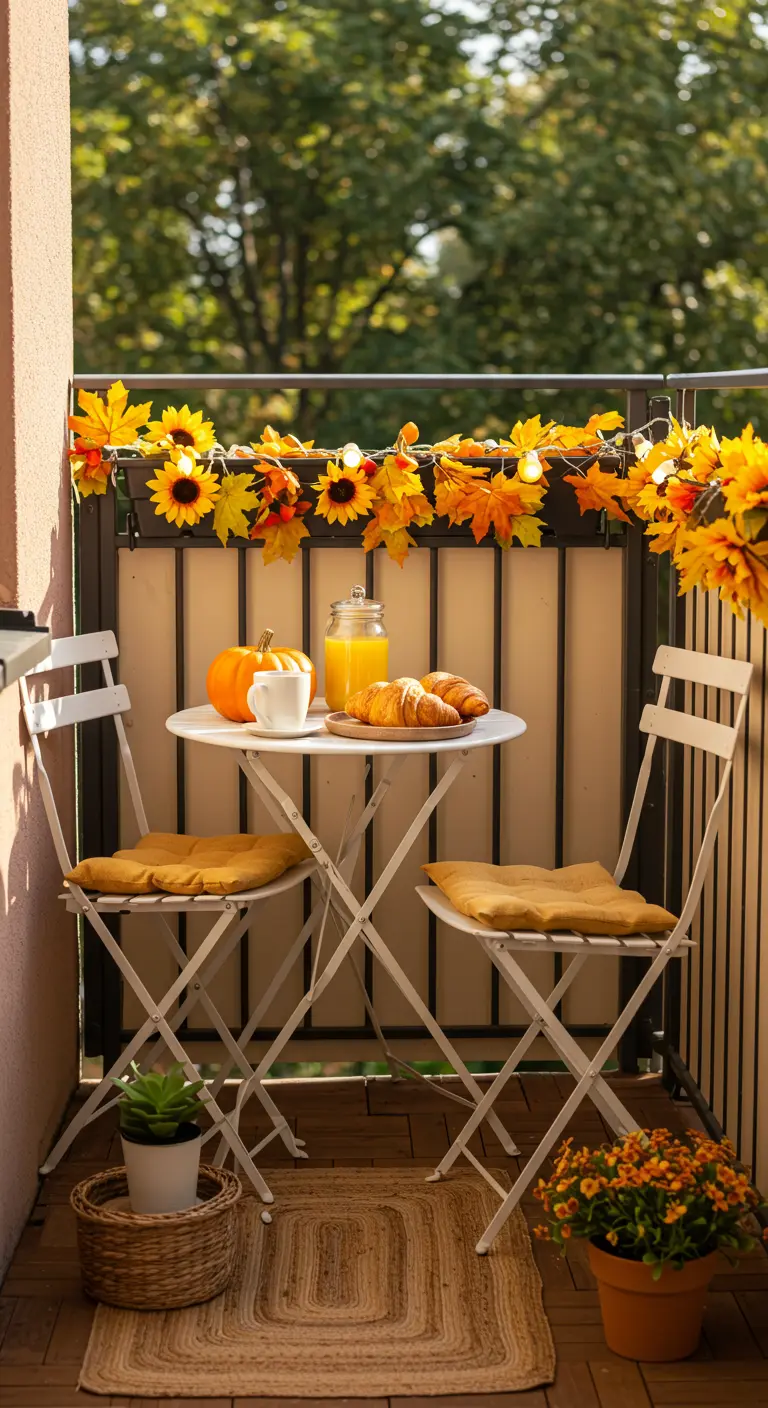 Petit balcon avec table et chaises blanches, guirlande lumineuse de tournesols, citrouille et jus d'orange.