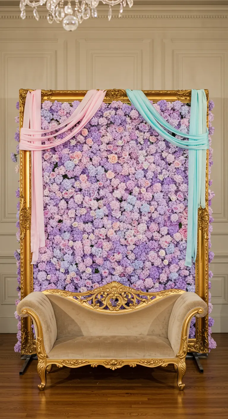 Mur de fleurs lilas et roses dans un grand cadre doré avec un canapé.