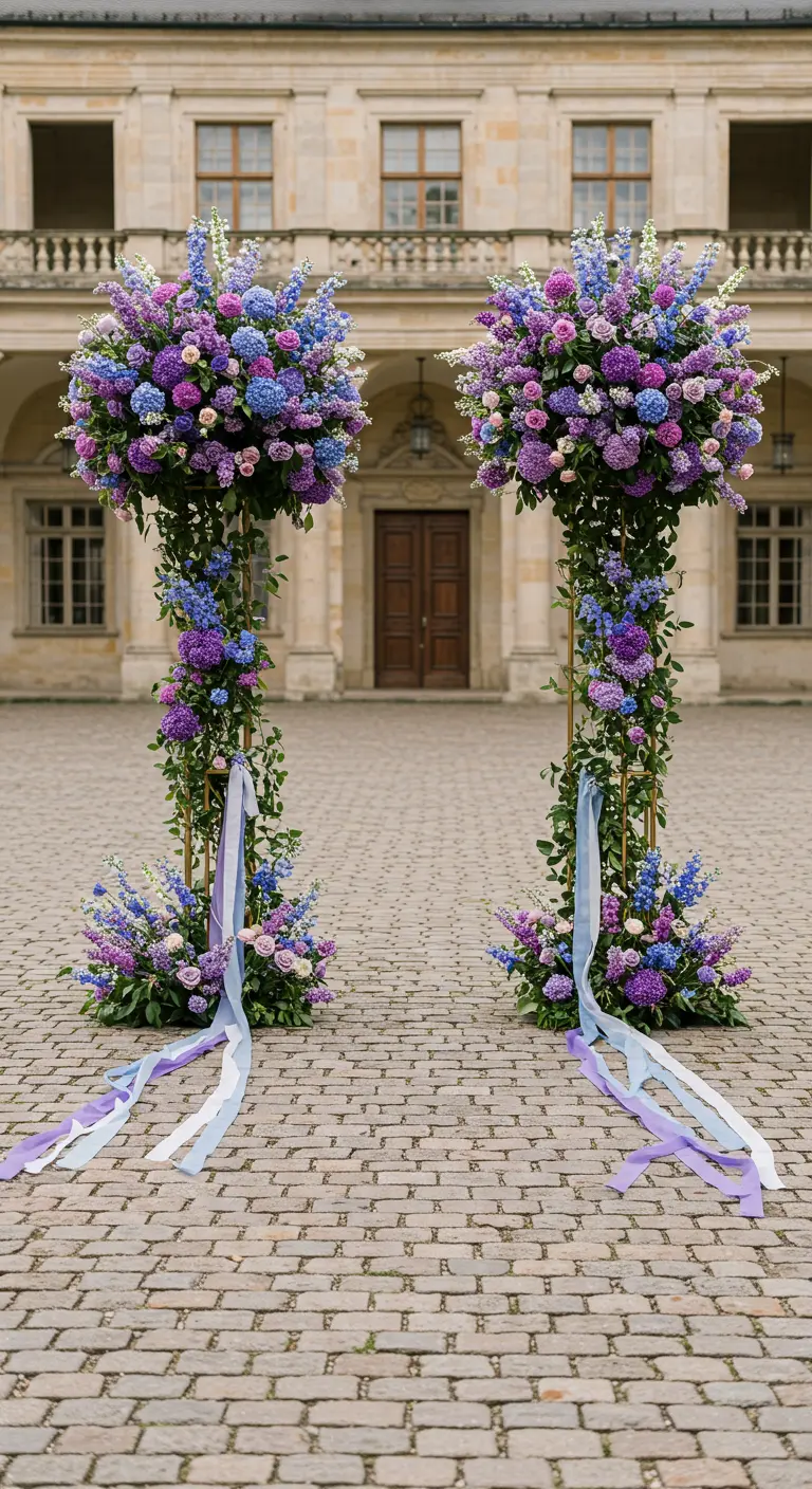 Deux piliers floraux violets et bleus devant un château, marquant une entrée.