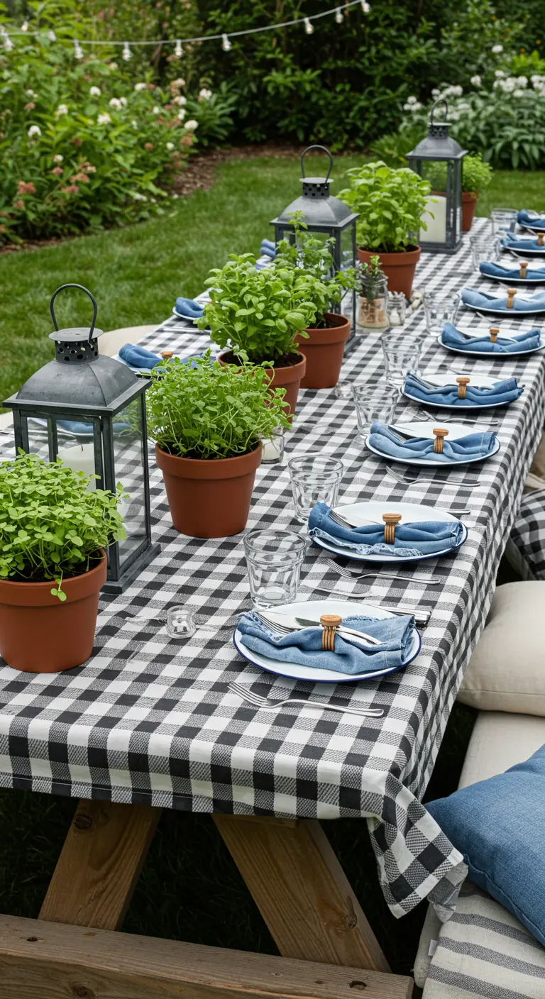 Table de pique-nique avec une nappe à carreaux vichy, des herbes en pot et des lanternes.
