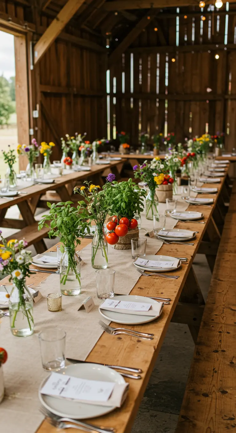 Table de pique-nique en bois avec des herbes aromatiques et des tomates en centre de table.