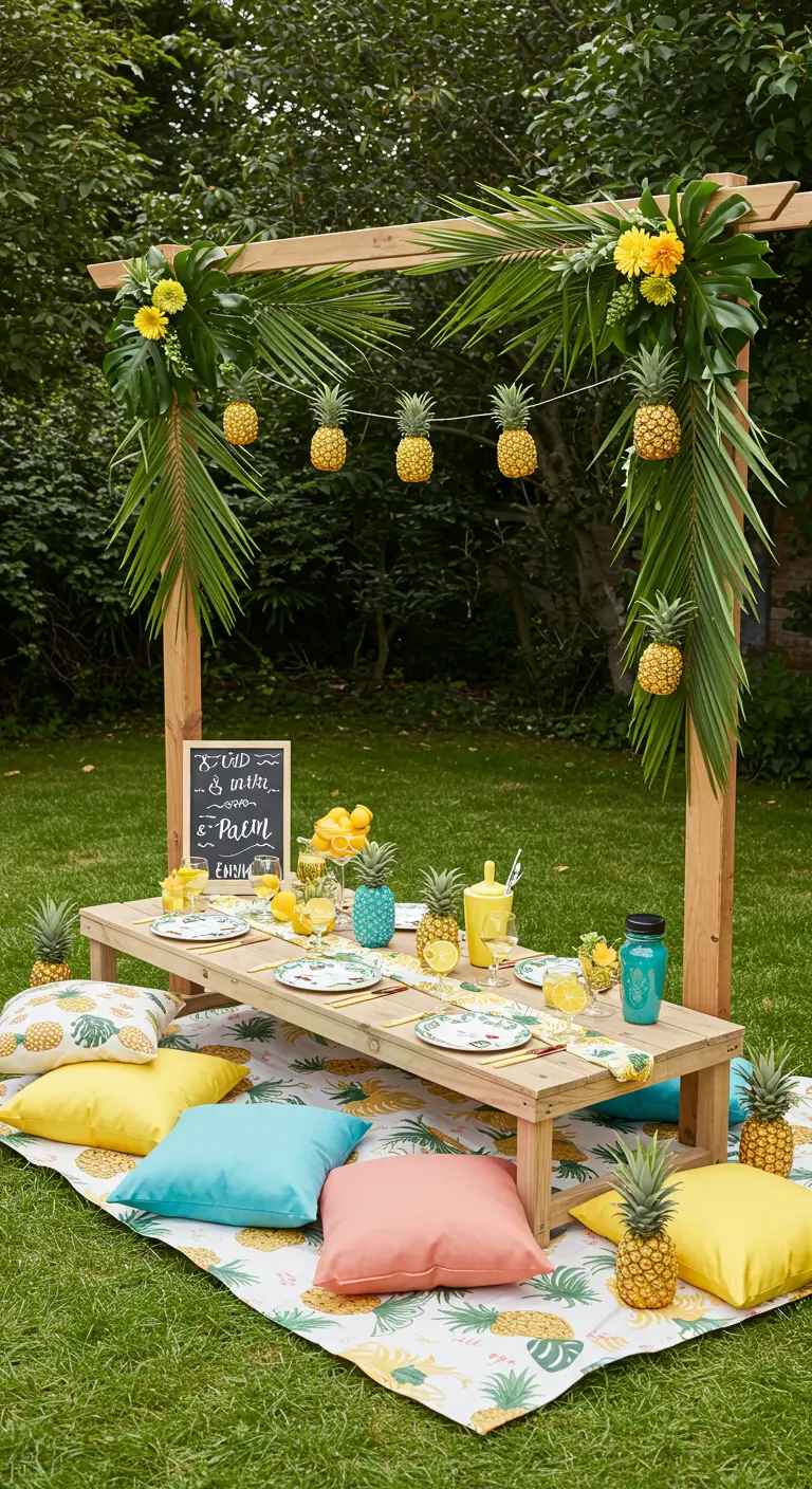 Table de pique-nique basse décorée de feuilles de palmiers et d'une guirlande d'ananas.