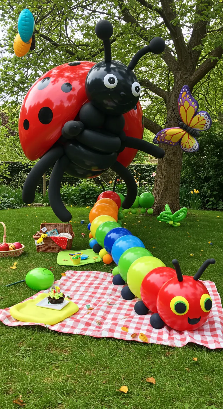 Une coccinelle et une chenille géantes en ballons lors d'un pique-nique dans un jardin.