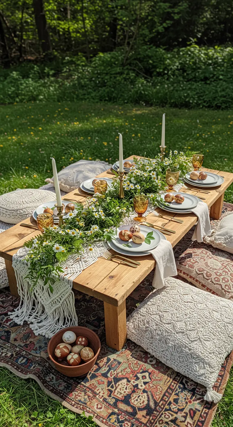 Pique-nique de Pâques bohème avec table basse, coussins et guirlande de marguerites.