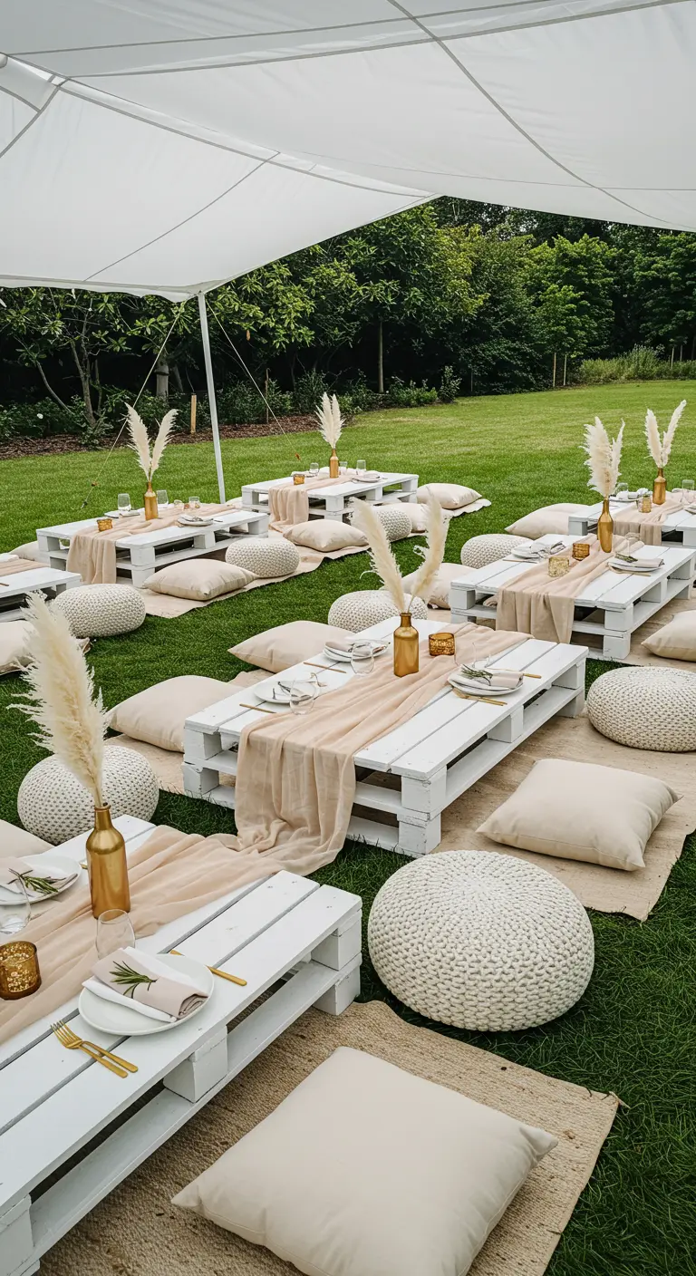Pique-nique en plein air avec des tables basses en palettes, des coussins et de l'herbe de la pampa.