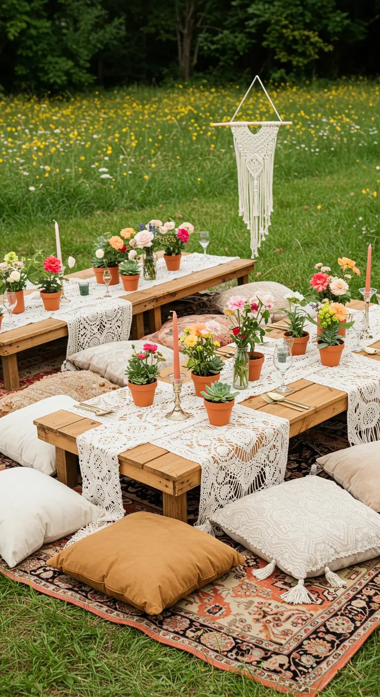 Tables de pique-nique basses avec coussins, tapis et petits pots de fleurs.