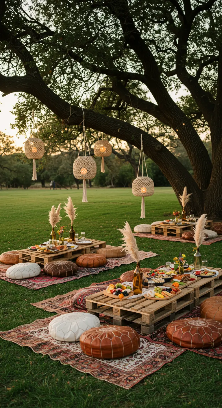 Pique-nique bohème dans un parc avec des tables basses en palettes et des lanternes en macramé.