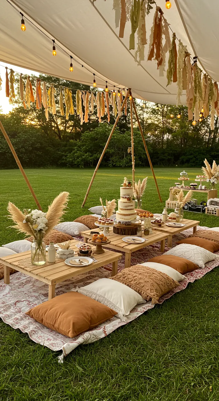 Célébration anniversaire en plein air sous une tente avec coussins et guirlandes de tissu.