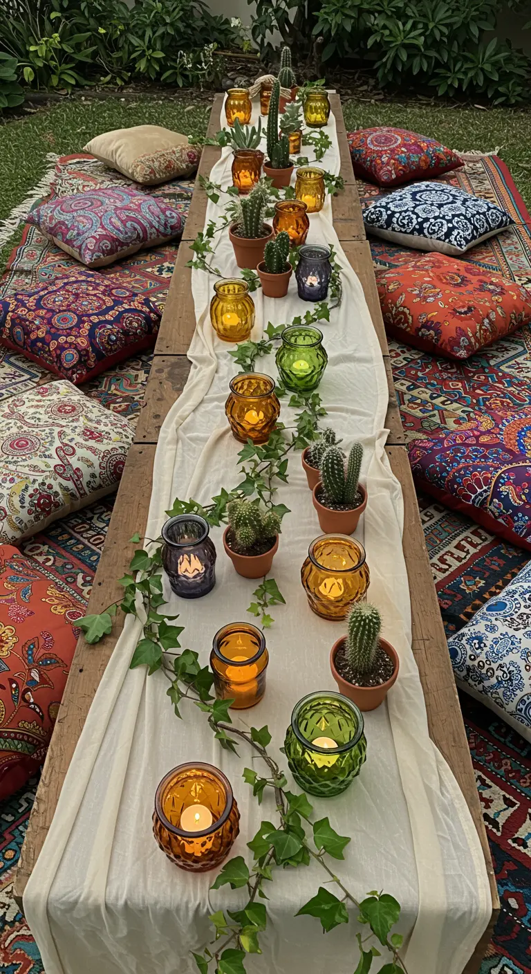 Table basse bohème avec coussins, cactus et photophores colorés.