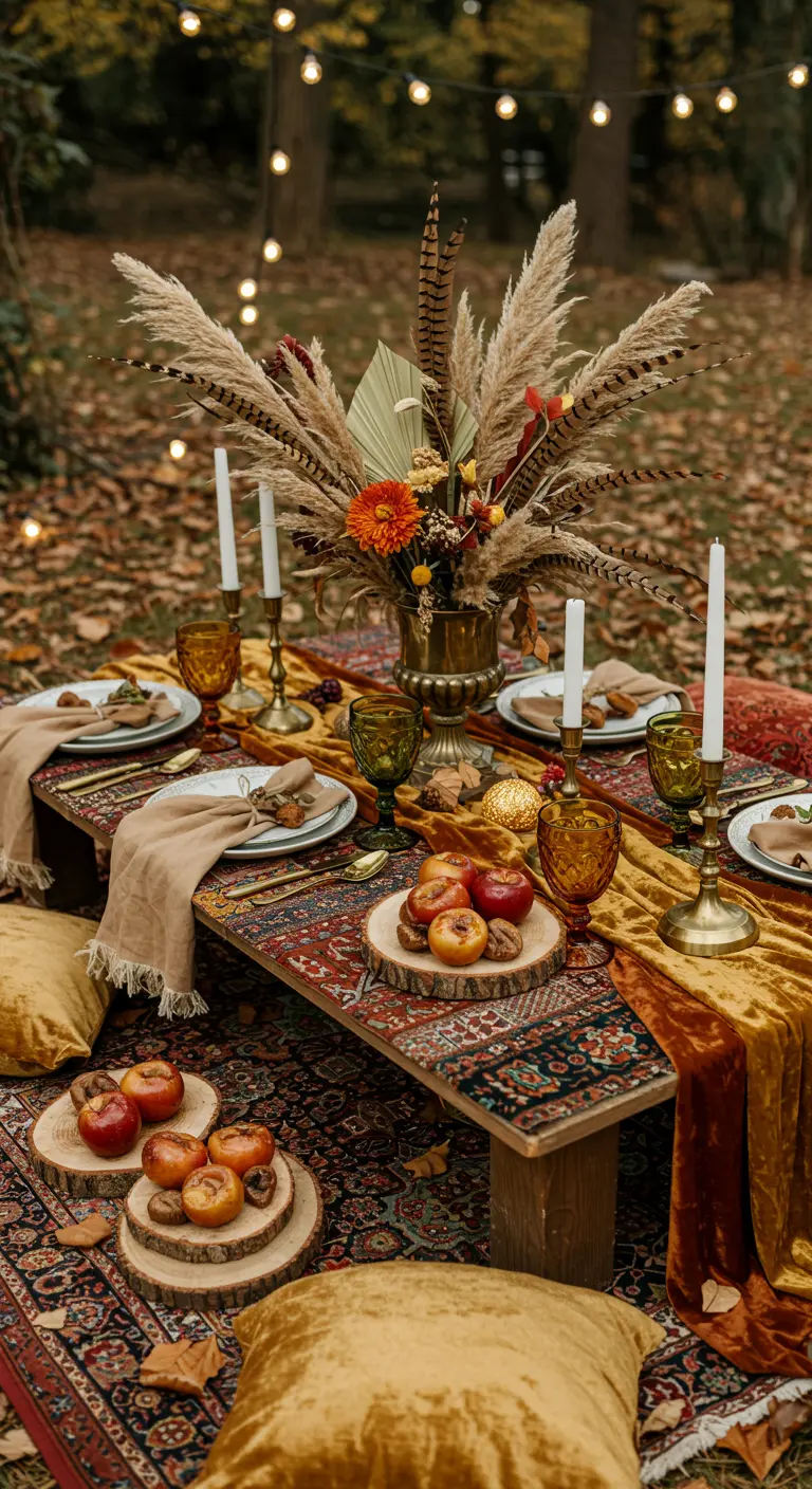 Pique-nique automnal bohème avec tapis, coussins et herbe de la pampa.