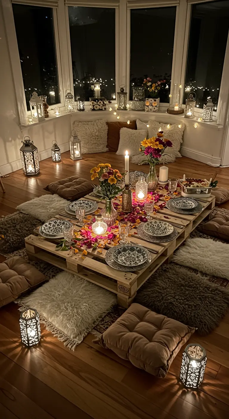 Dîner au sol de style bohème avec une table-palette, des coussins et des lanternes.