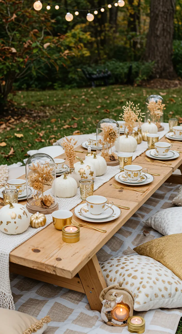 Table basse de pique-nique avec citrouilles blanches et dorées, cloches de fleurs séchées, tasses, coussins.