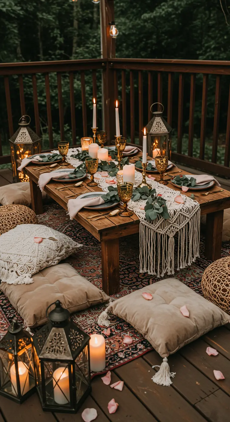Table basse en bois sur une terrasse, entourée de coussins et de lanternes pour un dîner bohème.