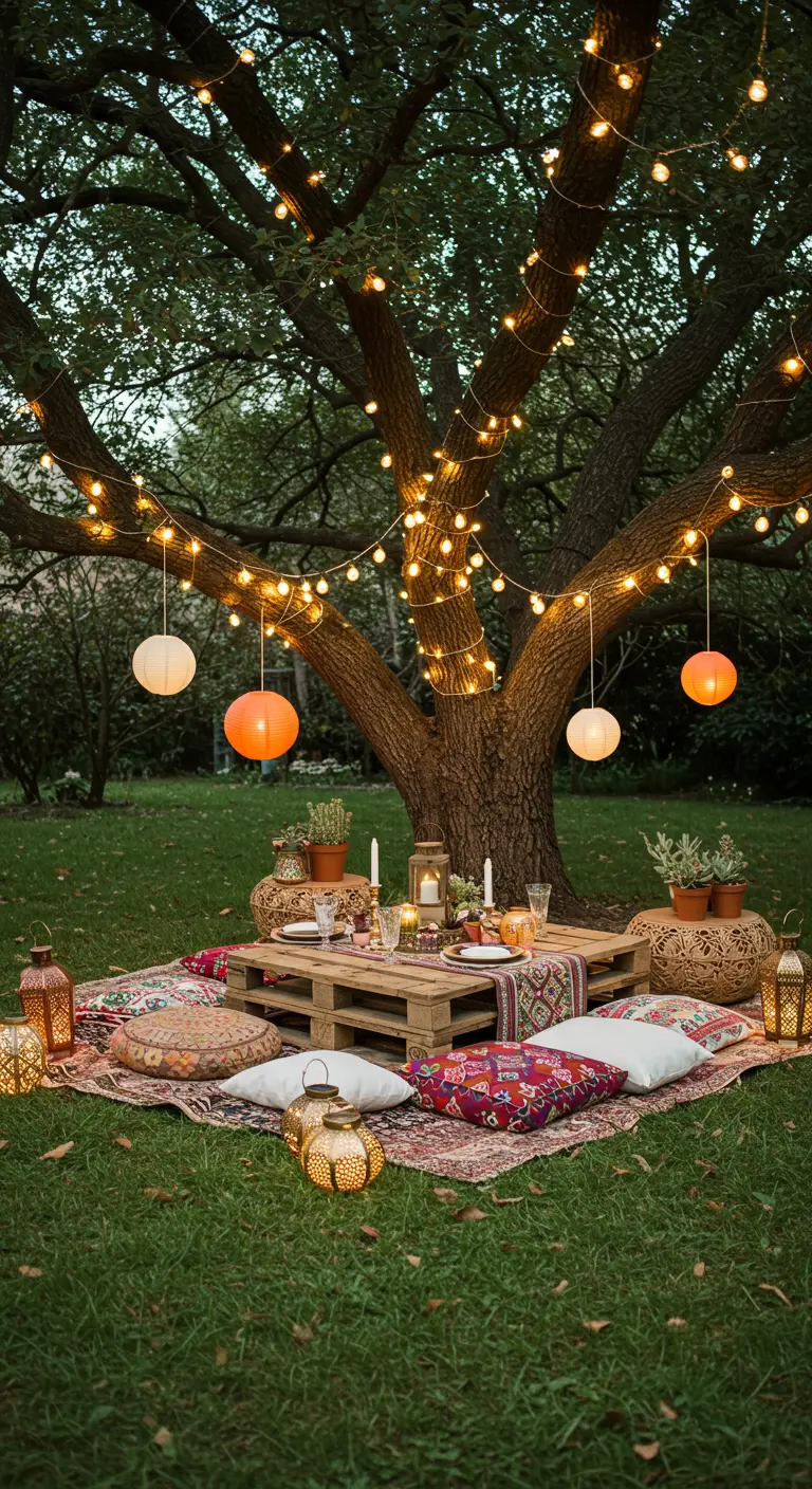 Pique-nique bohème avec guirlandes et lampions suspendus à un arbre, coussins au sol.
