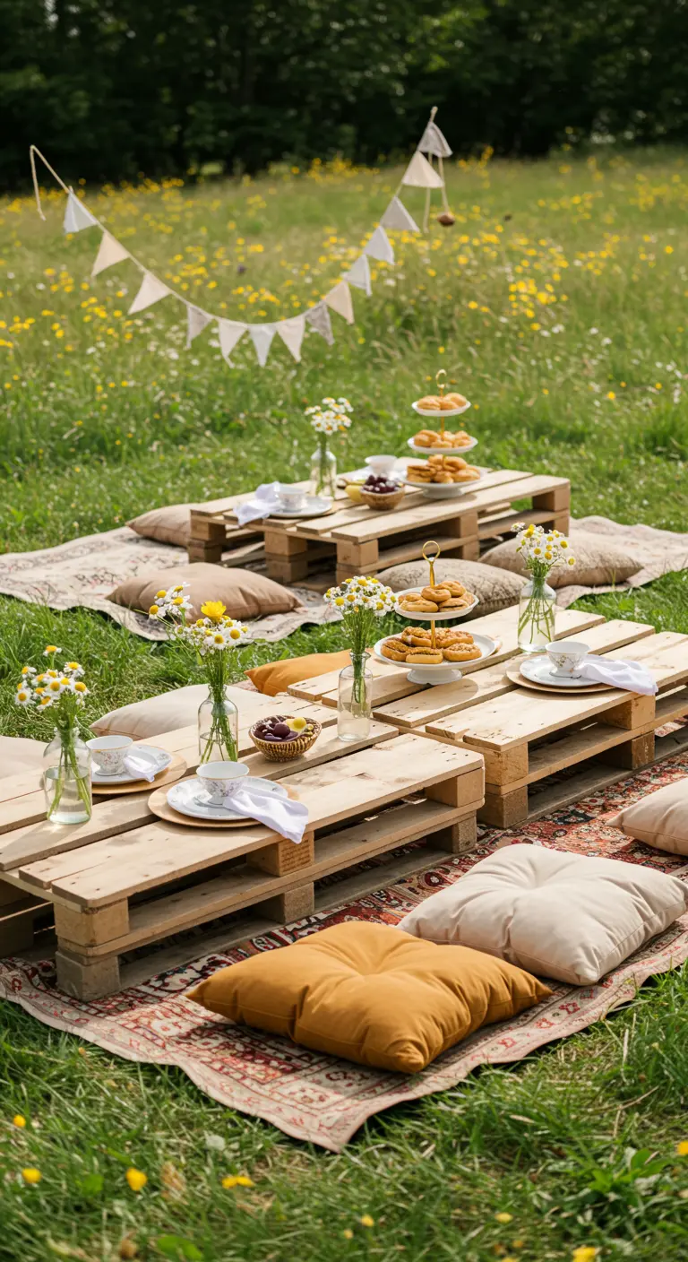 Pique-nique champêtre avec des palettes en bois comme tables basses, tapis et coussins au sol.