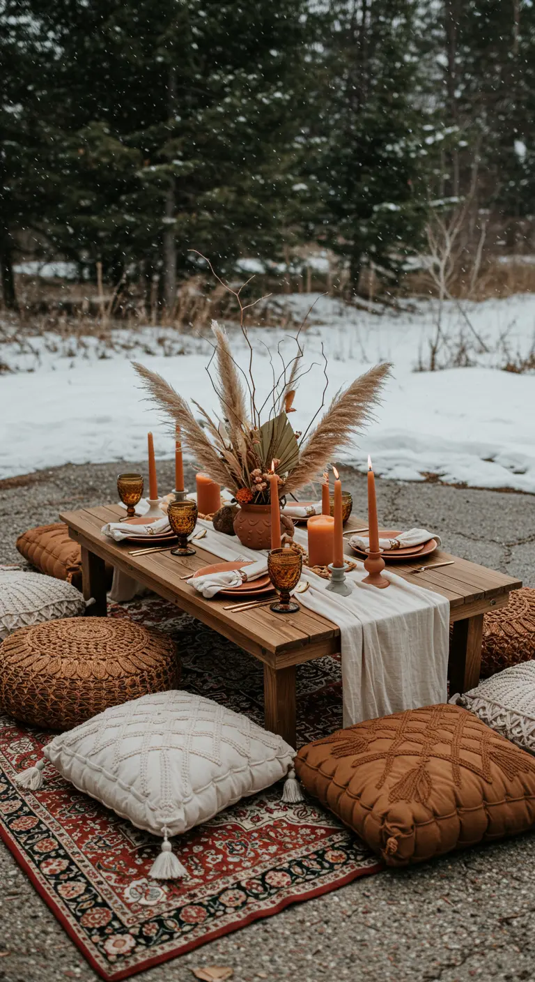Pique-nique d'hiver bohème avec table basse, coussins et herbe de la pampa.