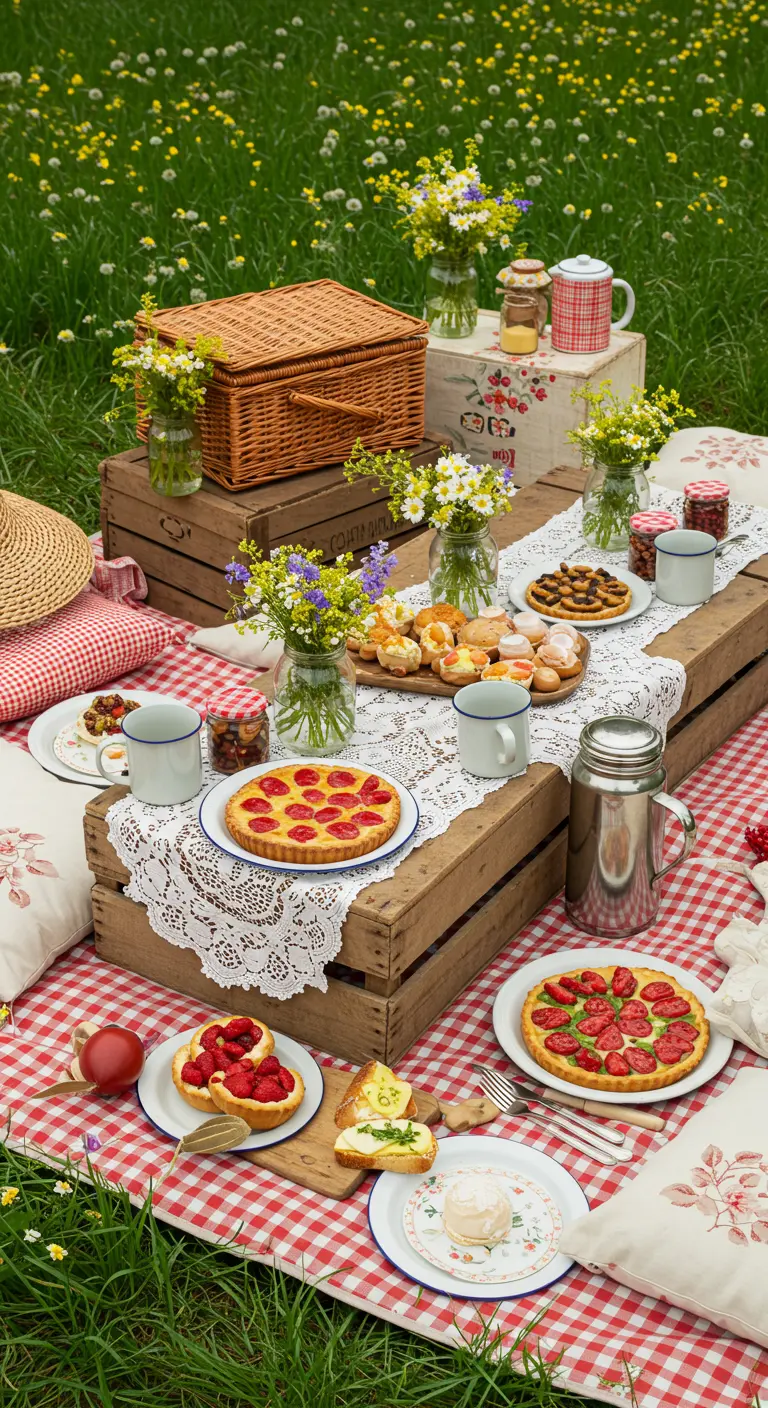 Pique-nique de Pâques campagnard avec nappe à carreaux rouges, caisses en bois, tartes aux fruits et fleurs sauvages.