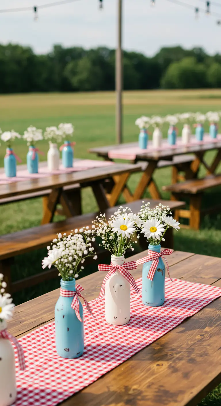 Tables de pique-nique en plein air avec des bocaux bleus et blancs, décorés de marguerites et rubans vichy.