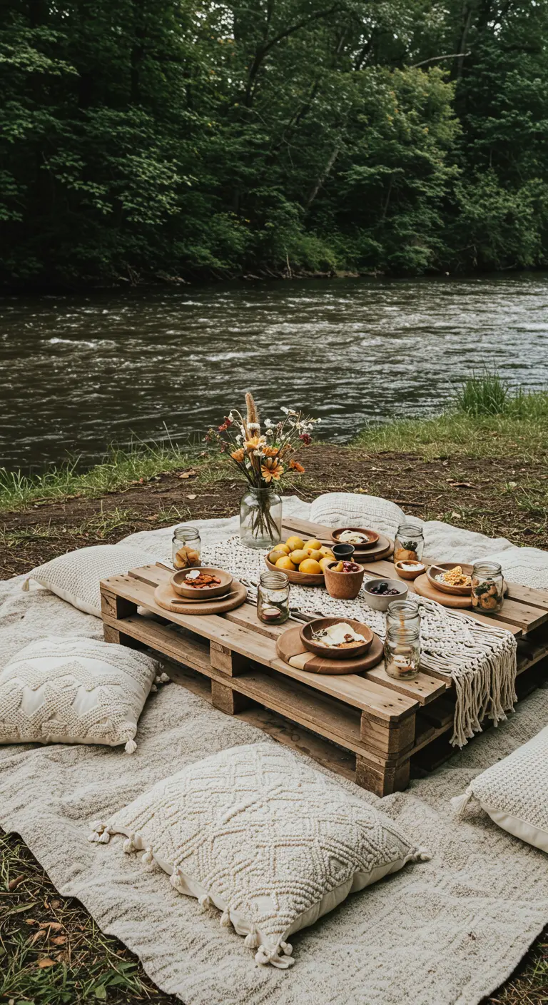 Pique-nique sur une palette au bord d'une rivière, avec des coussins en macramé.