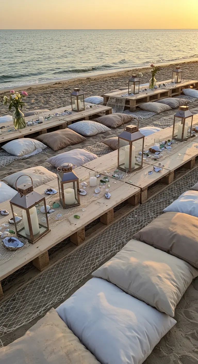 Tables basses en palettes sur la plage, avec des coussins et un filet de pêche au sol.