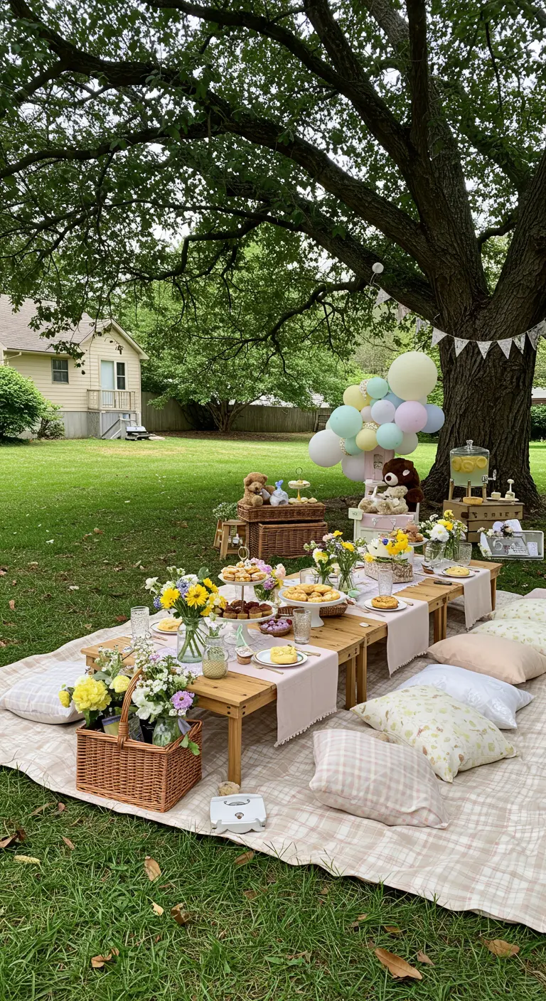 Pique-nique d'anniversaire avec tables basses, plaids, ours en peluche et fleurs en plein air.