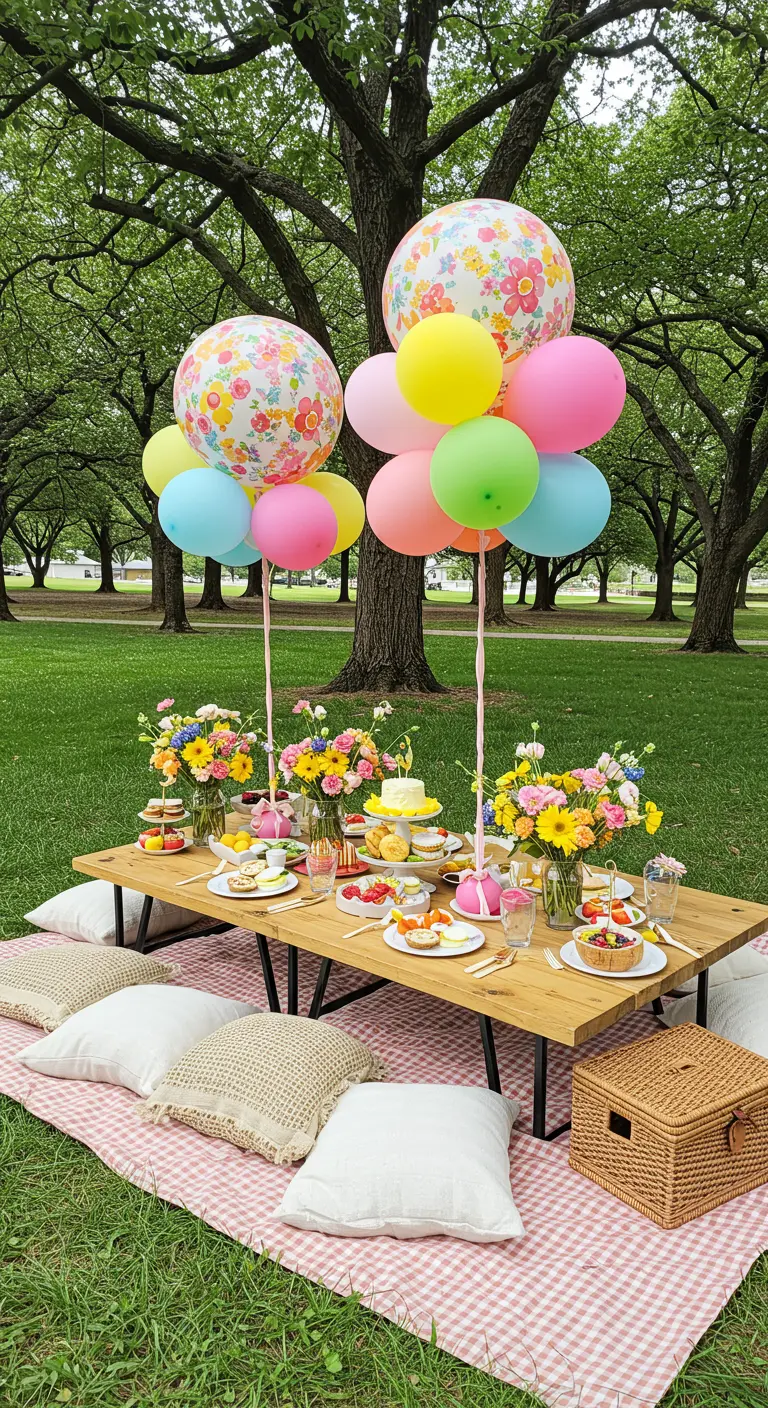 Pique-nique estival avec des bouquets de ballons colorés et à motifs floraux.