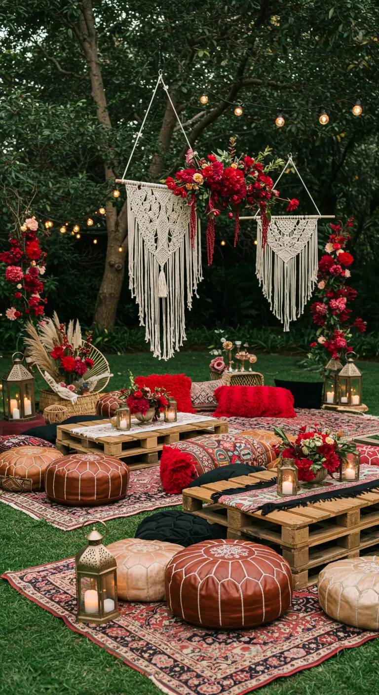 Coin pique-nique bohème dans un jardin avec tapis, coussins et palettes.