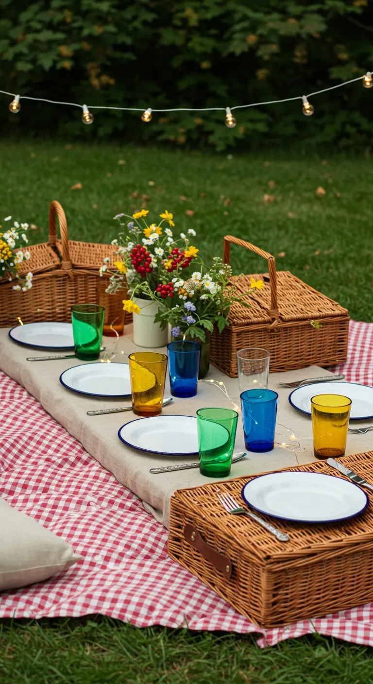 Pique-nique avec nappe vichy, paniers en osier, chemin de table en lin et verres colorés.