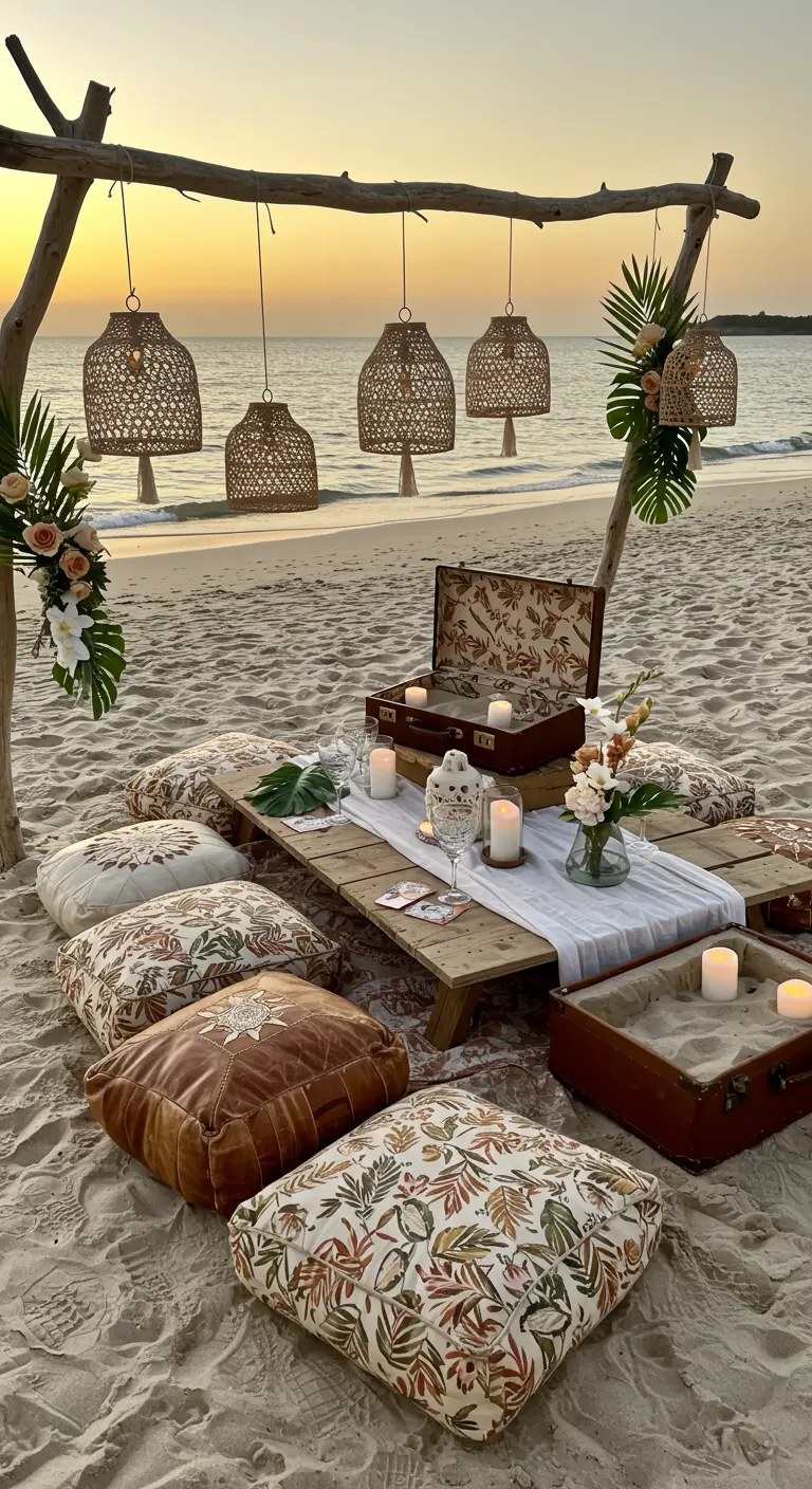 Scène de pique-nique sur la plage avec coussins, table basse et valise vintage.