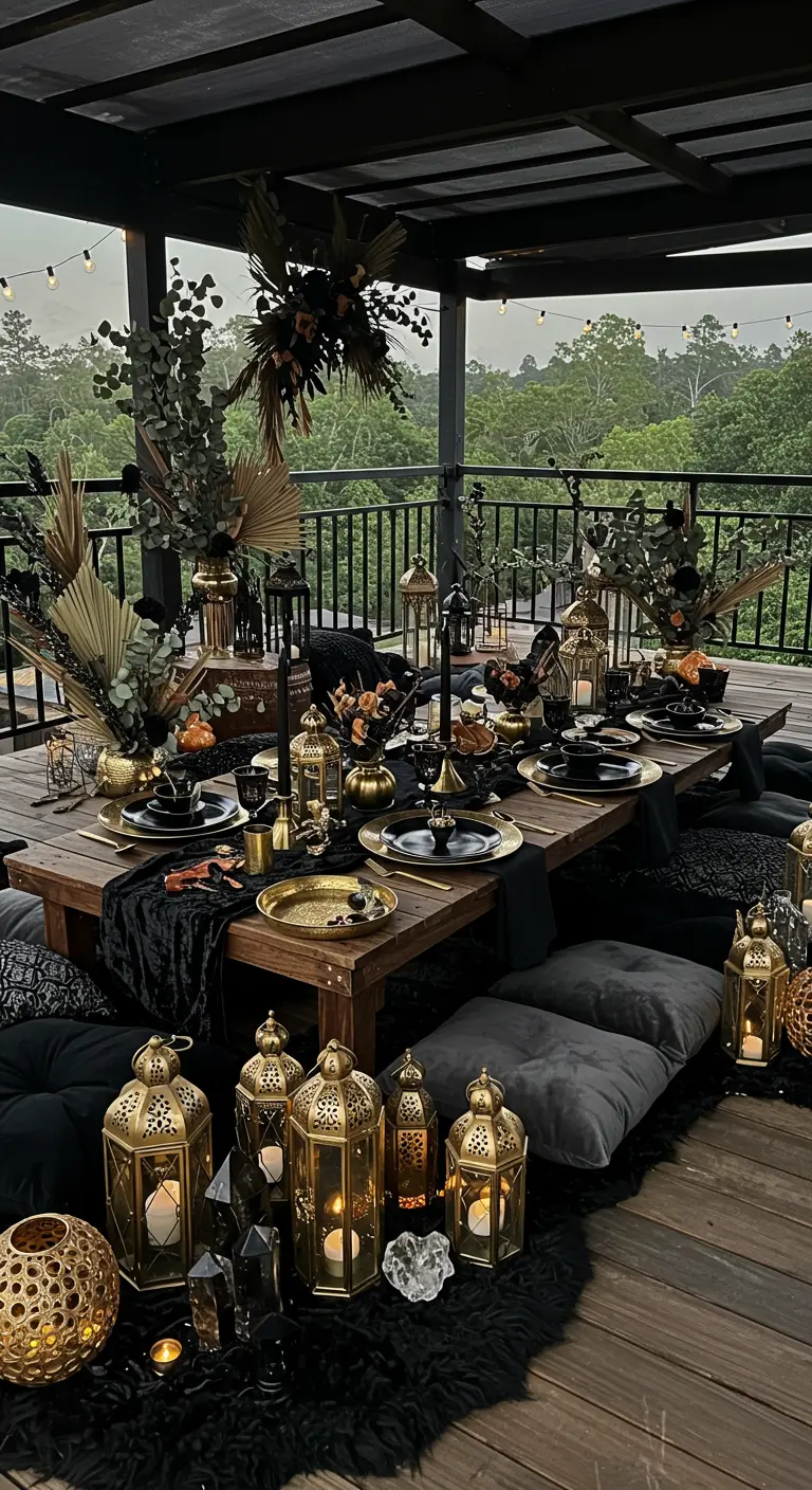 Dîner d'Halloween style pique-nique au sol avec des coussins et des lanternes dorées.