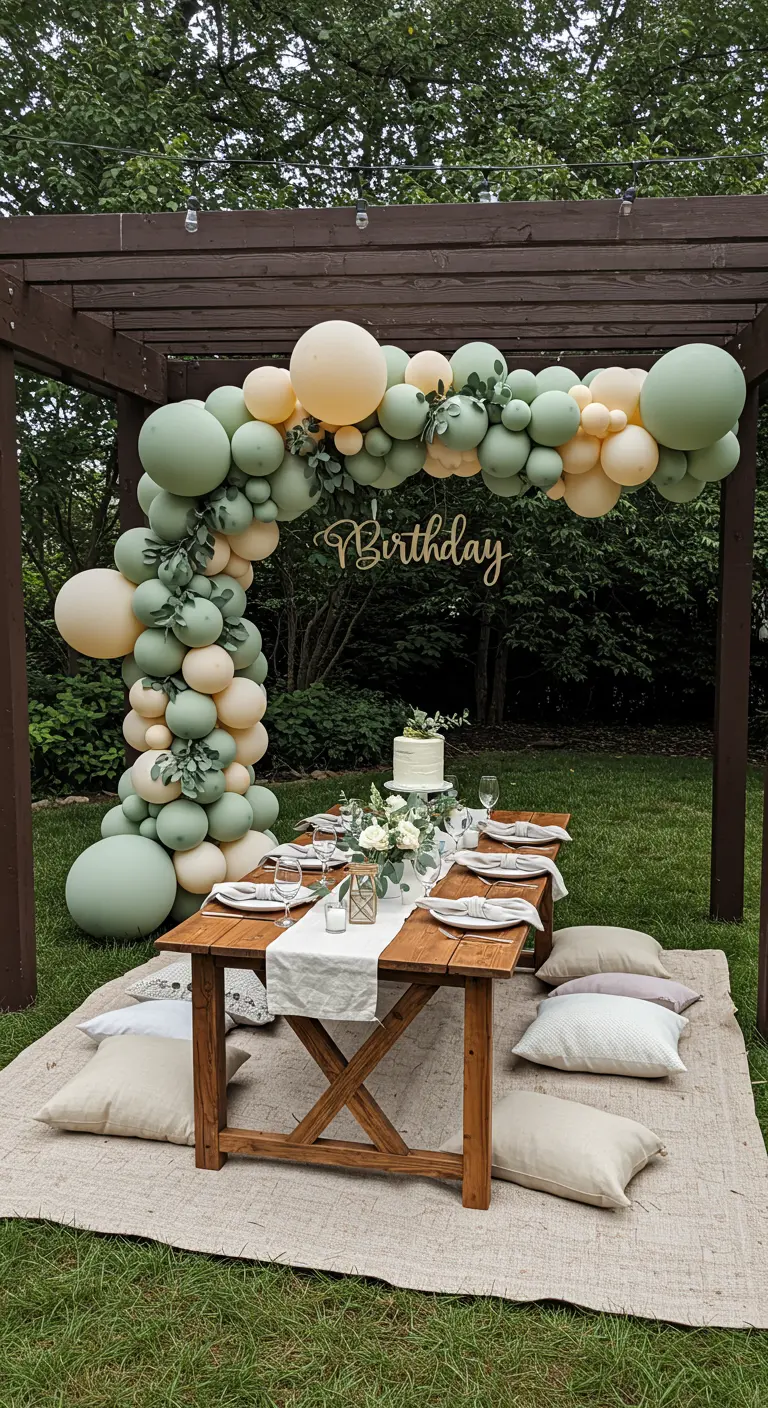 Arche de ballons vert sauge et pêche au-dessus d'une table de pique-nique en bois.