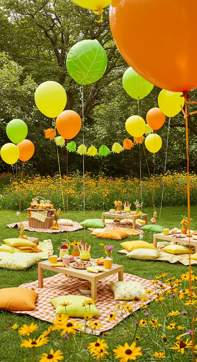 Pique-nique en plein air avec des ballons et des coussins jaunes, verts et orange.