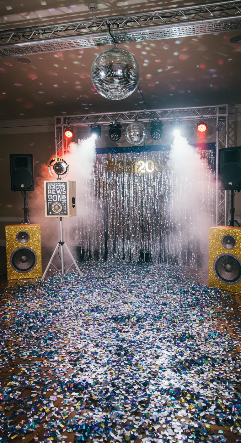Photobooth disco avec boule à facettes, rideau argenté, enceintes pailletées, fumée et confettis.