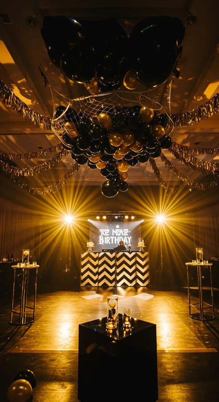 Plafond recouvert de ballons noirs et dorés au-dessus d'une piste de danse.