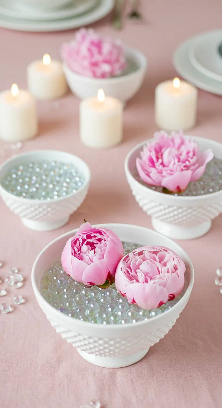 Bols blancs avec perles d'eau et pivoines roses flottantes.