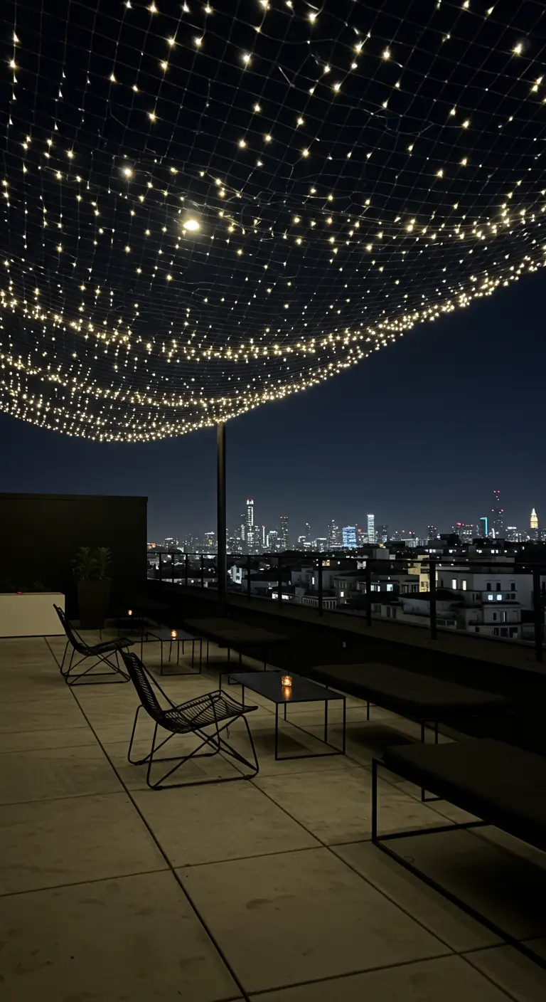 Un filet de guirlandes lumineuses tendu au-dessus d'une terrasse de toit moderne.