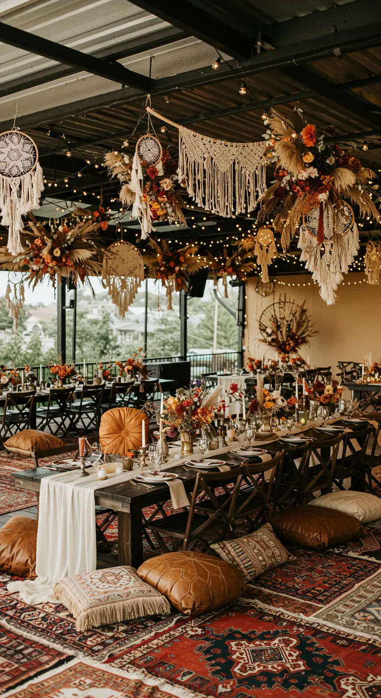 Réception de mariage bohème intérieure avec macramés, arrangements floraux suspendus, tapis orientaux et guirlandes lumineuses.