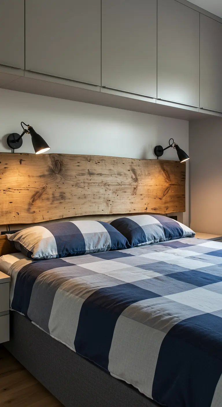 Planche de bois brut comme tête de lit, encadrée par deux appliques murales noires design.