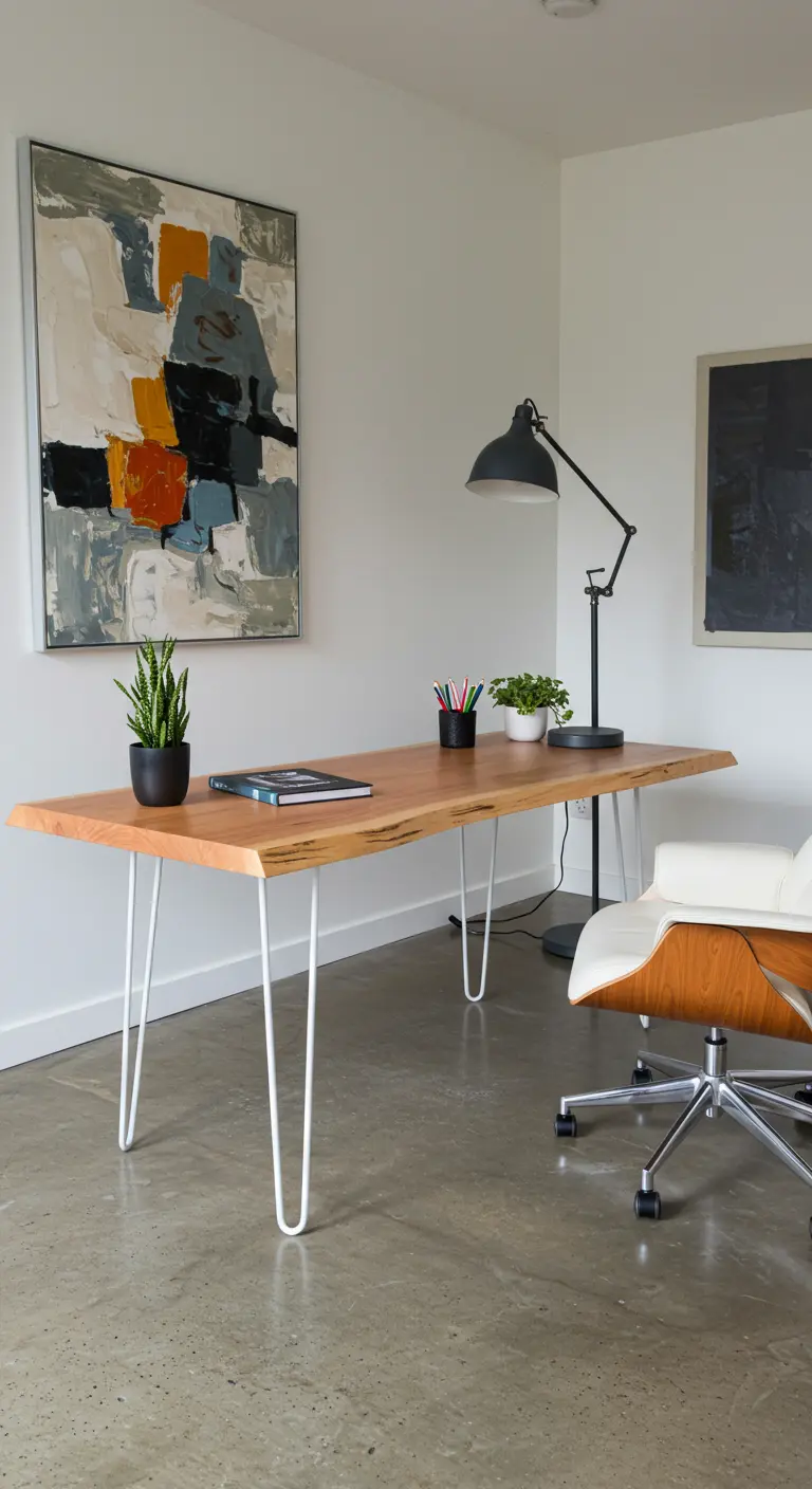 Bureau avec plateau en bois à bords naturels et pieds épingle blancs minimalistes