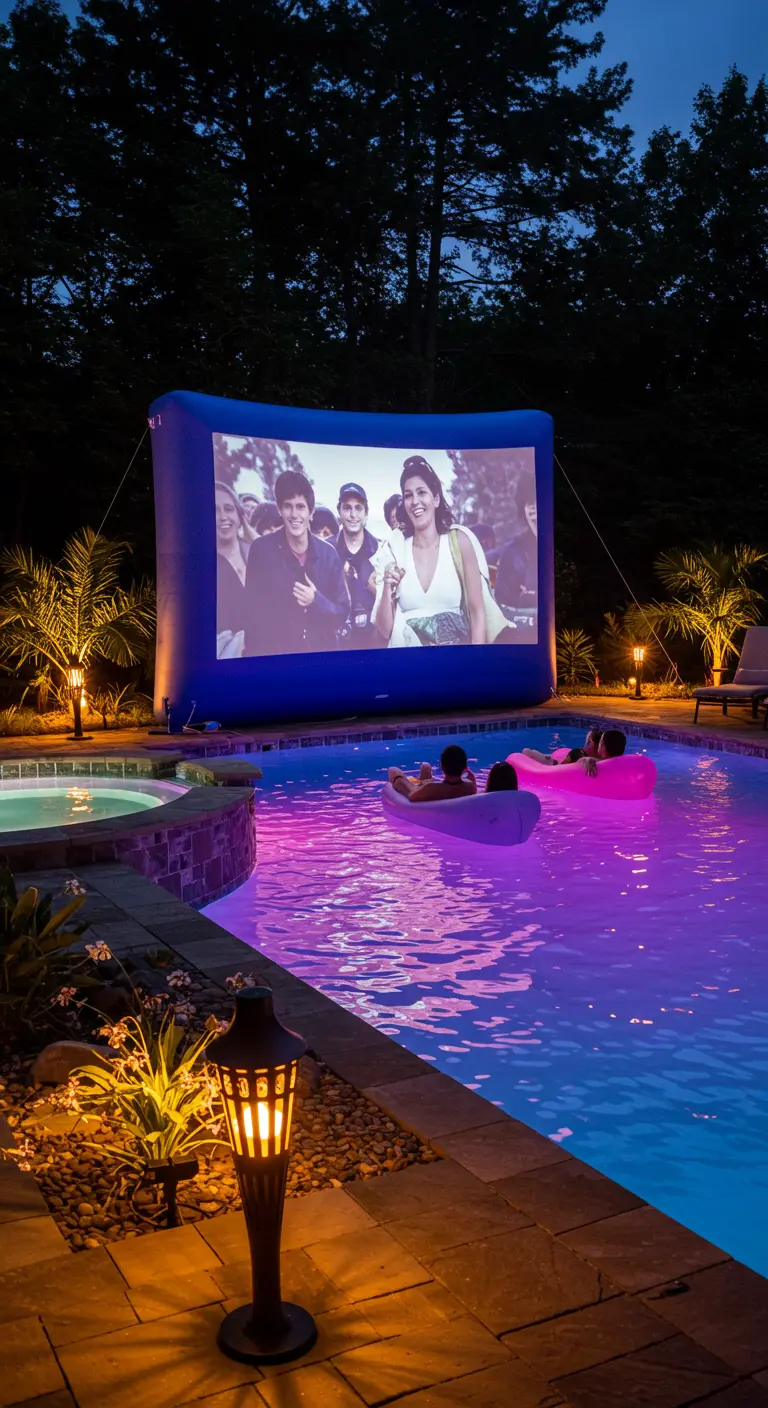 Soirée cinéma au bord d'une piscine illuminée avec des bouées et des torches tiki.
