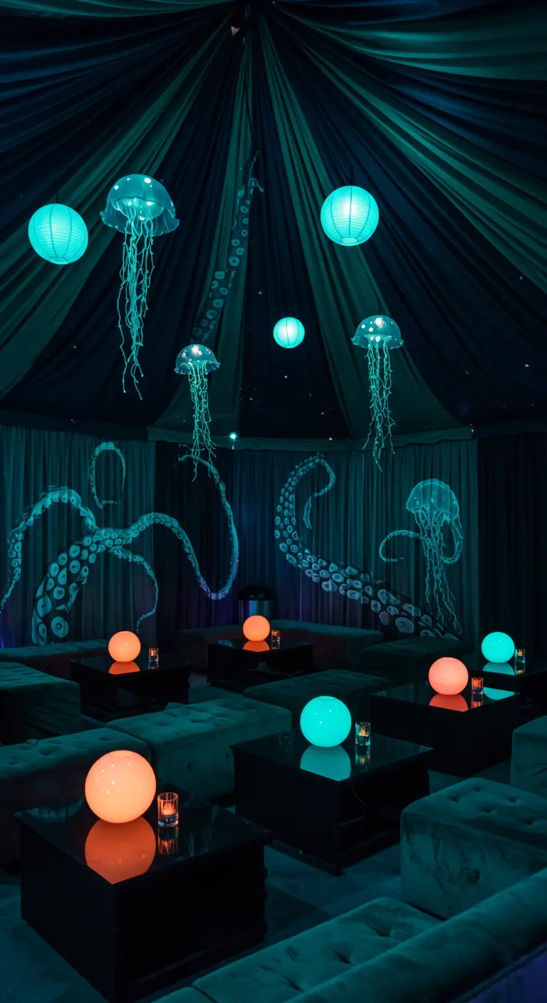 Ambiance sous-marine avec des méduses lumineuses suspendues et des tentacules dessinées aux murs.