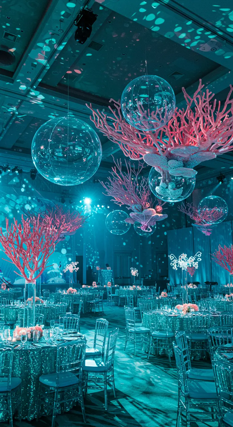 Salle de réception avec un éclairage bleu profond, des coraux et des sphères suspendues.