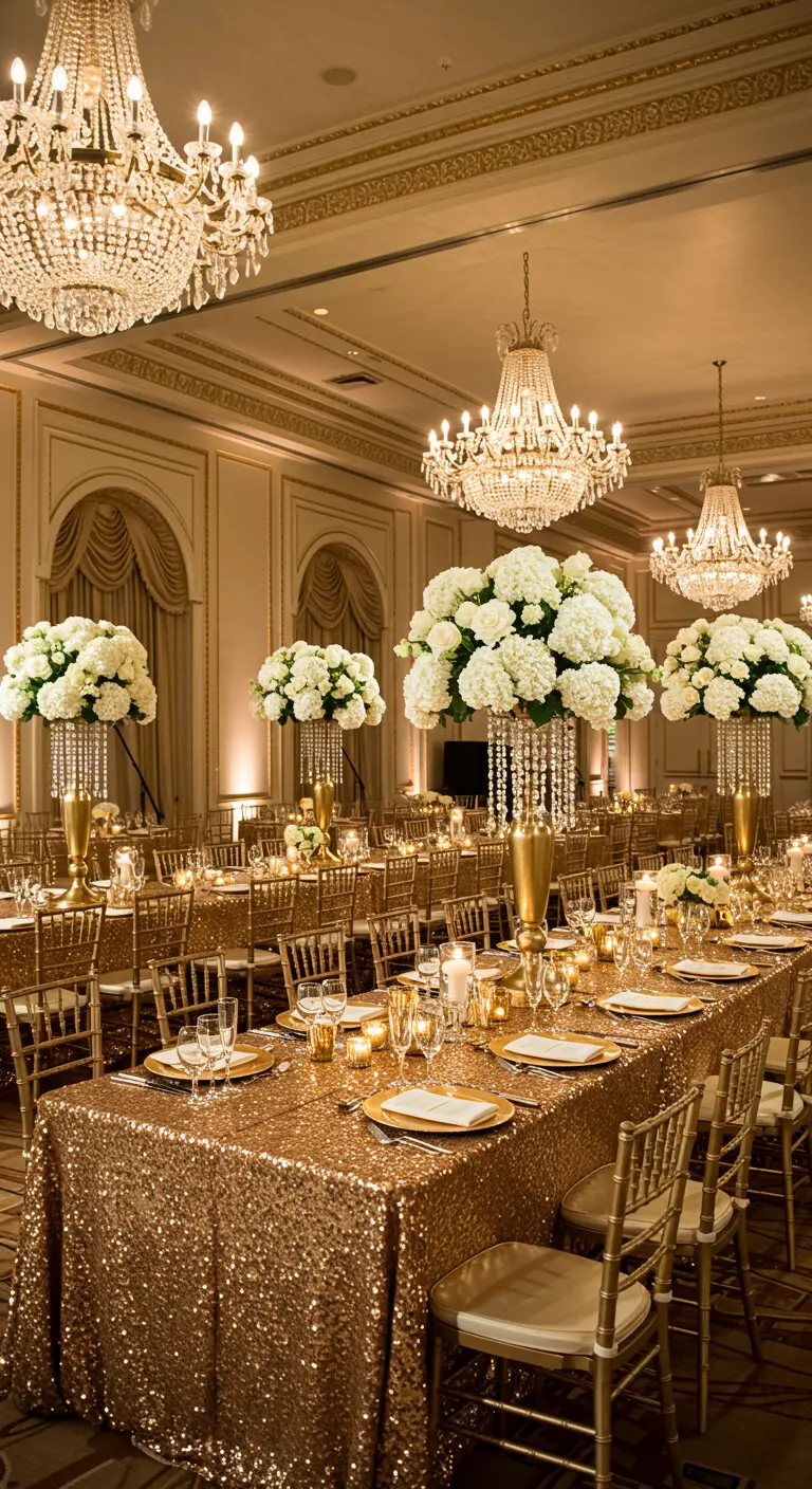 Salle de réception luxueuse avec tables rondes, nappes à sequins dorés et hauts bouquets blancs.