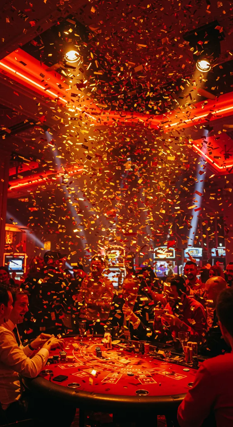 Une pluie de confettis dorés tombe sur des gens jouant au casino.