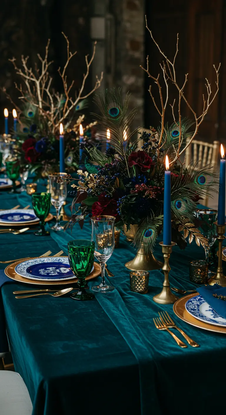 Table luxueuse avec une nappe en velours bleu canard, des plumes de paon et des accents dorés.